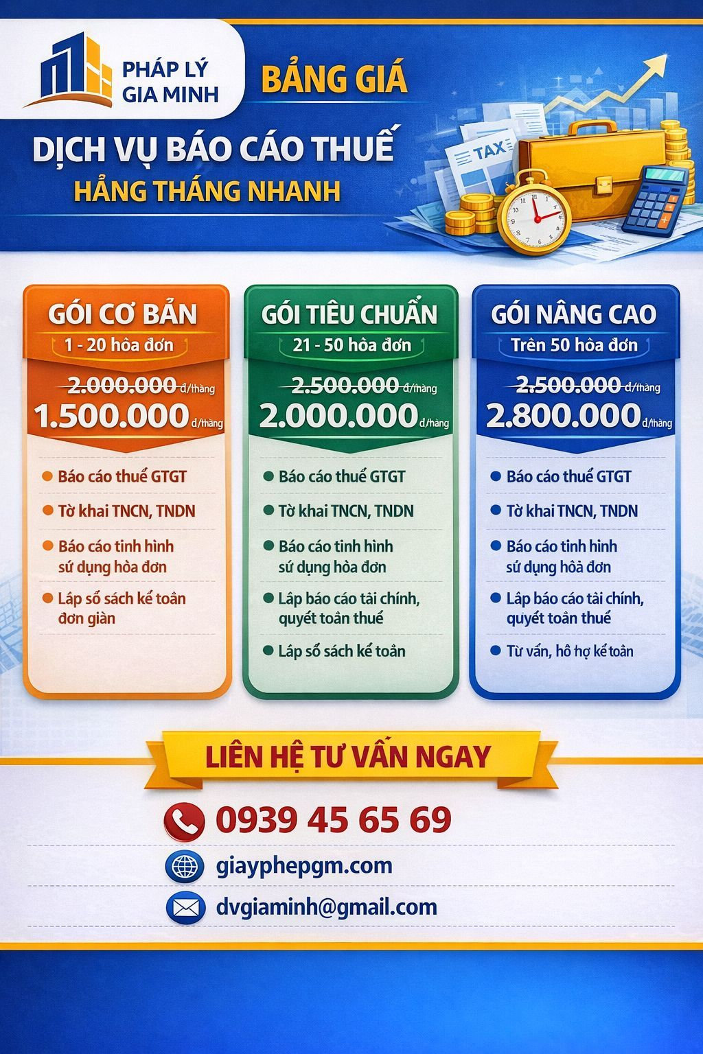 bảng giá dịch vụ quyết toán thuế