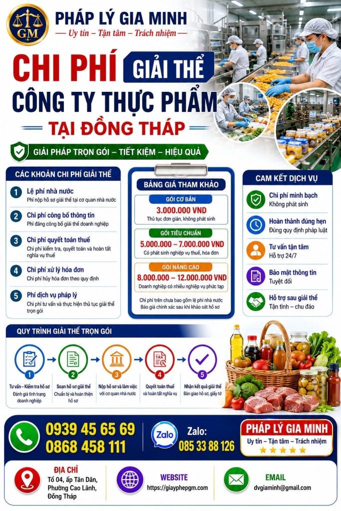 Chi phí giải thể công ty thực phẩm Đồng Tháp