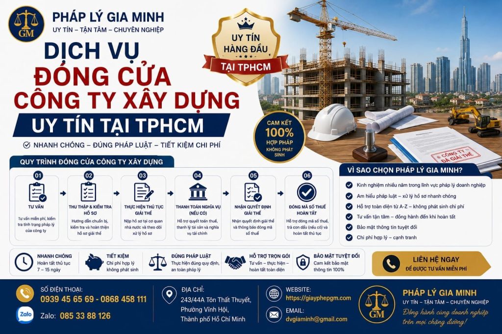 Dịch vụ giải thể doanh nghiệp xây dựng tại Thành phố Hồ Chí Minh uy tín trọn gói 6 Dịch vụ đóng cửa công ty xây dựng uy tín tại TPHCM
