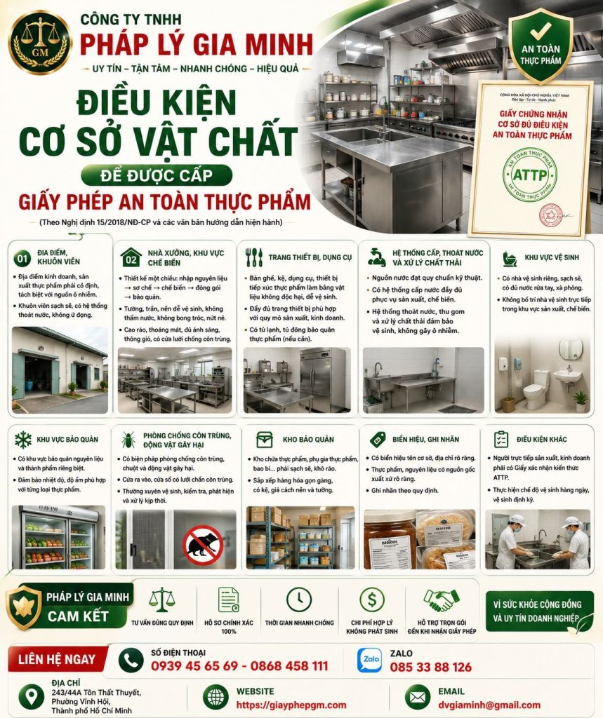Điều kiện cơ sở vật chất để được cấp giấy phép an toàn thực phẩm