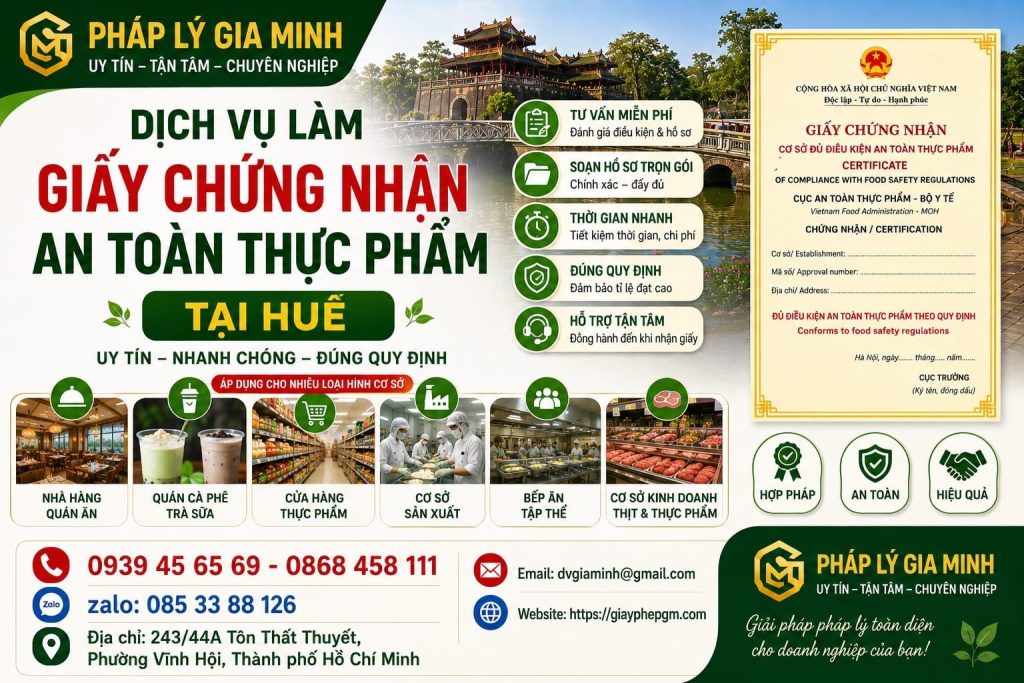 Dịch vụ làm giấy chứng nhận an toàn thực phẩm tại Huế uy tín, chuyên nghiệp 1 Dịch vụ làm giấy chứng nhận an toàn thực phẩm tại Huế