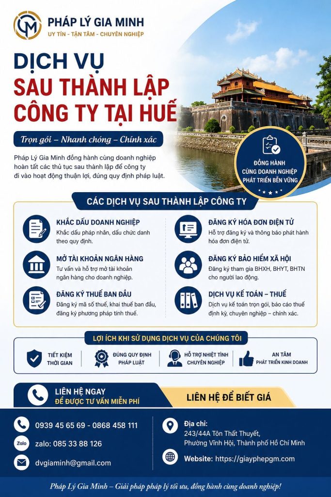 Dịch vụ sau thành lập công ty tại Huế trọn gói – Hoàn thiện toàn bộ nghĩa vụ ban đầu 1 Dịch vụ sau thành lập công ty tại Huế trọn gói